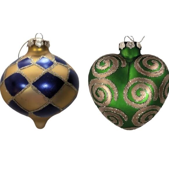 Christmas Ornaments Lot Of 2 Satin Finish Glass Large Gold Green Purple VTG Y2K - Picture 1 of 5